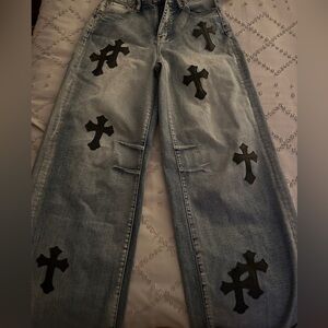 Women's Straight Leg Jeans with Black Cross Patches